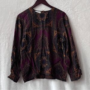 Vintage Size 12 Jones New York Silk Blouse Medallion Paisley Print Long Sleeve